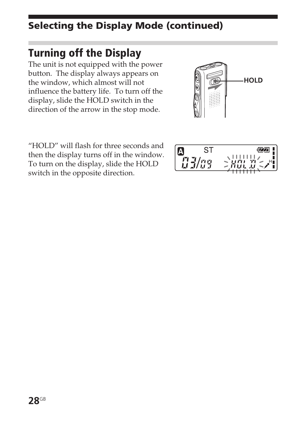 Turning off the display, Hold, Selecting the display mode (continued) | Sony ICD-SX20 User Manual | Page 28 / 68