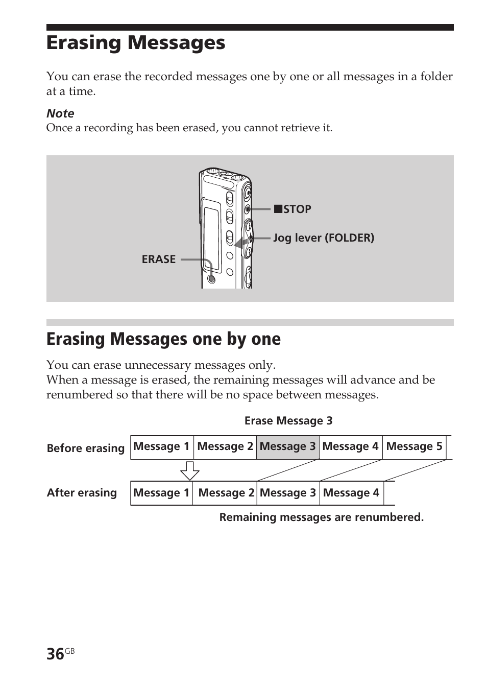 Erasing messages, Erasing messages one by one, Erase, messages | Message, erasing | Sony ICD-SX20 User Manual | Page 36 / 68