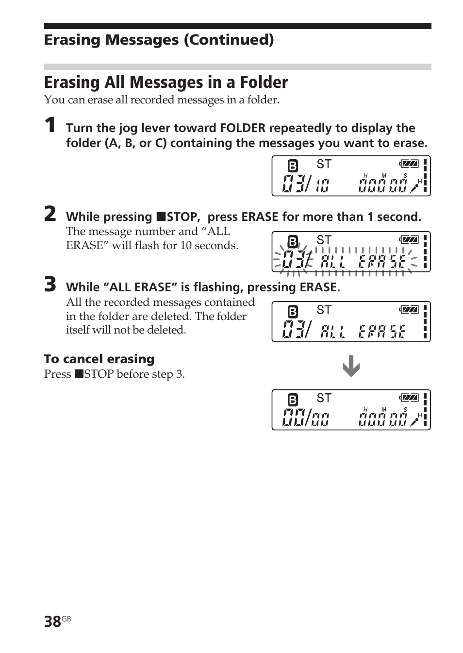 Erasing all messages in a folder | Sony ICD-SX20 User Manual | Page 38 / 68