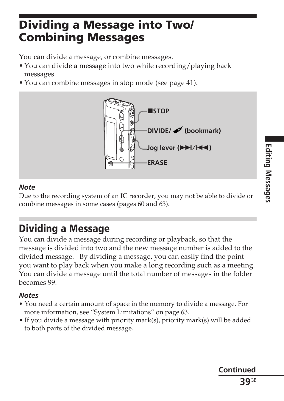 Dividing a message into two/combining messages, Dividing a message, Divide | Dividing a message into two/ combining messages | Sony ICD-SX20 User Manual | Page 39 / 68