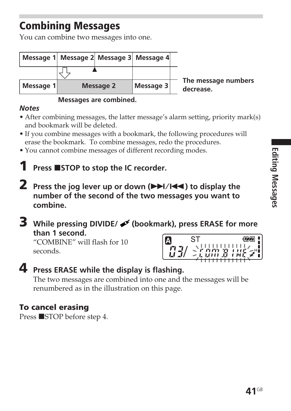 Combining messages, Combine | Sony ICD-SX20 User Manual | Page 41 / 68