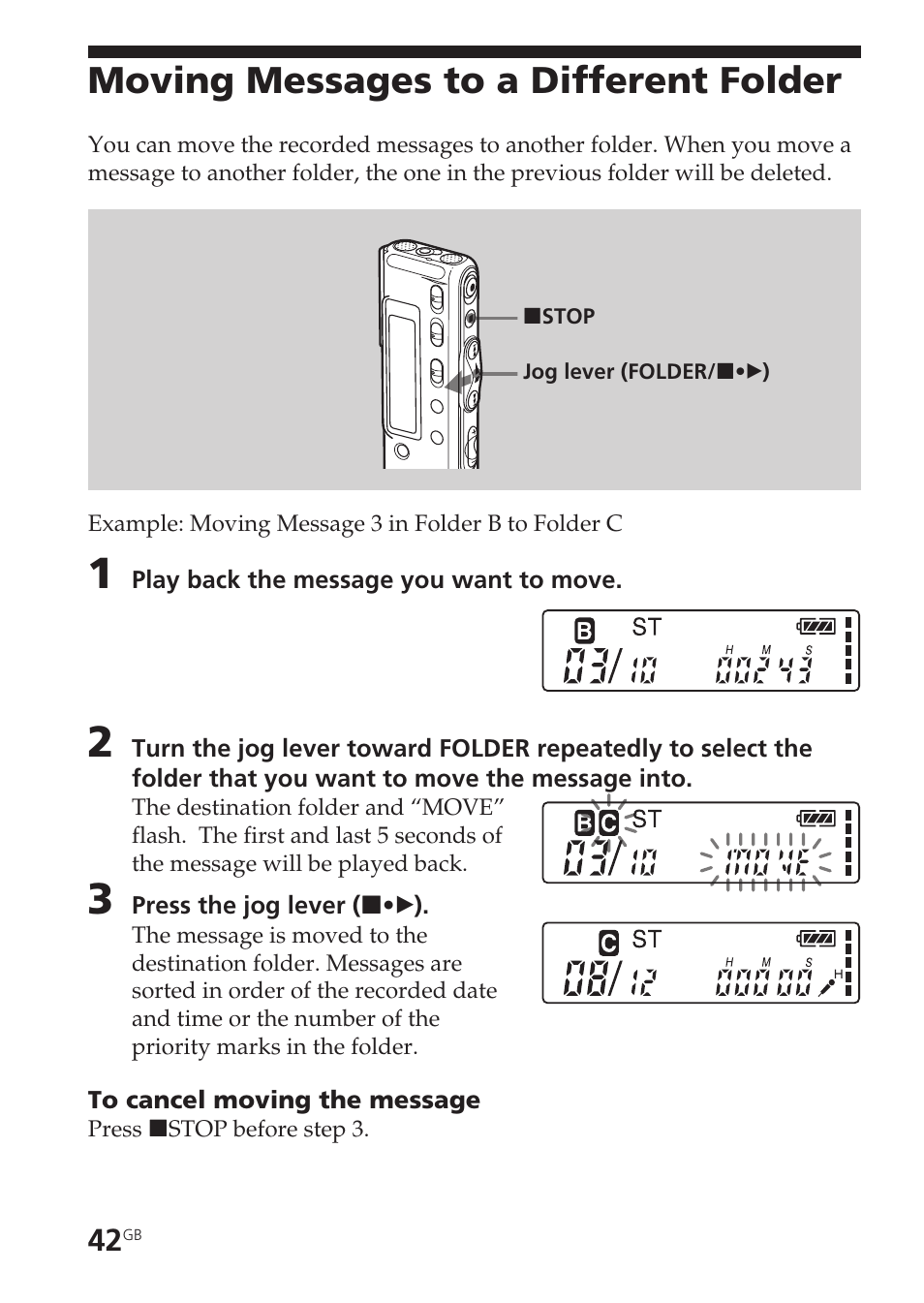 Moving messages to a different folder, Message, move, Move | Sony ICD-SX20 User Manual | Page 42 / 68