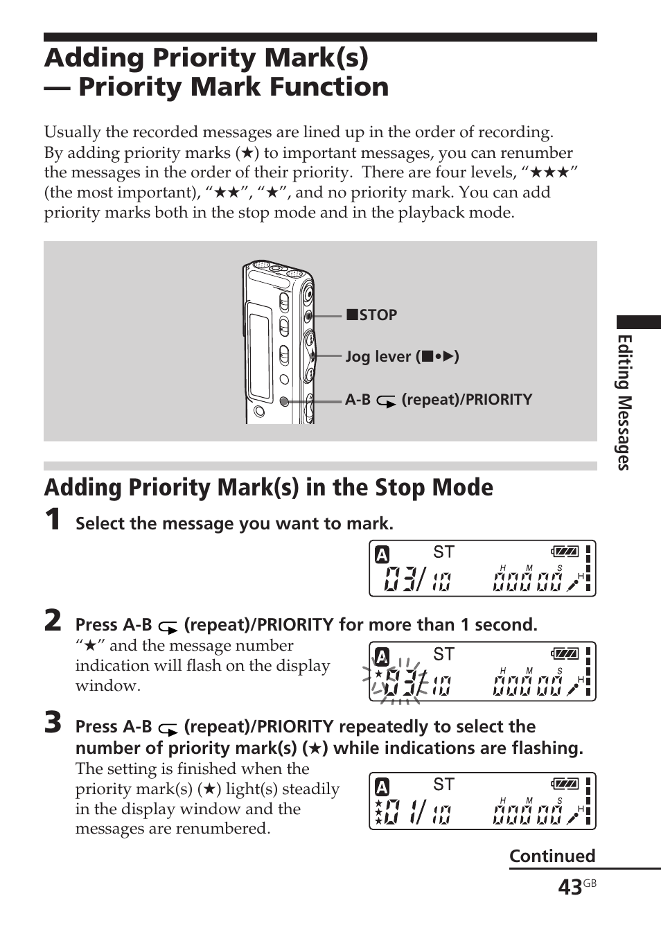 Adding priority mark(s) — priority mark function, Adding priority mark(s) in the stop mode, Add, priority marks | Priority marks, Adding priority mark(s) | Sony ICD-SX20 User Manual | Page 43 / 68