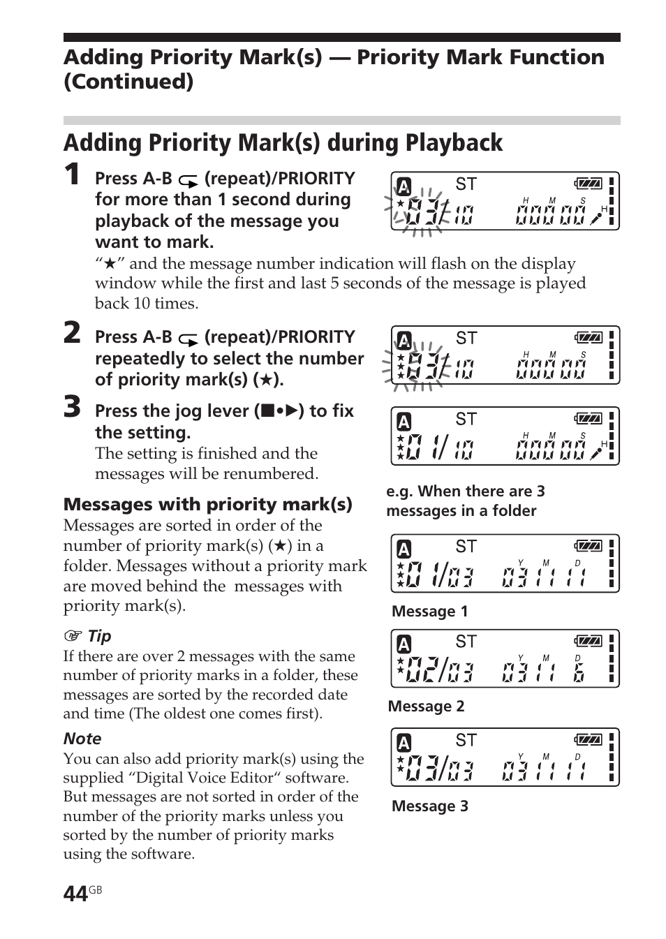 Adding priority mark(s) during playback | Sony ICD-SX20 User Manual | Page 44 / 68