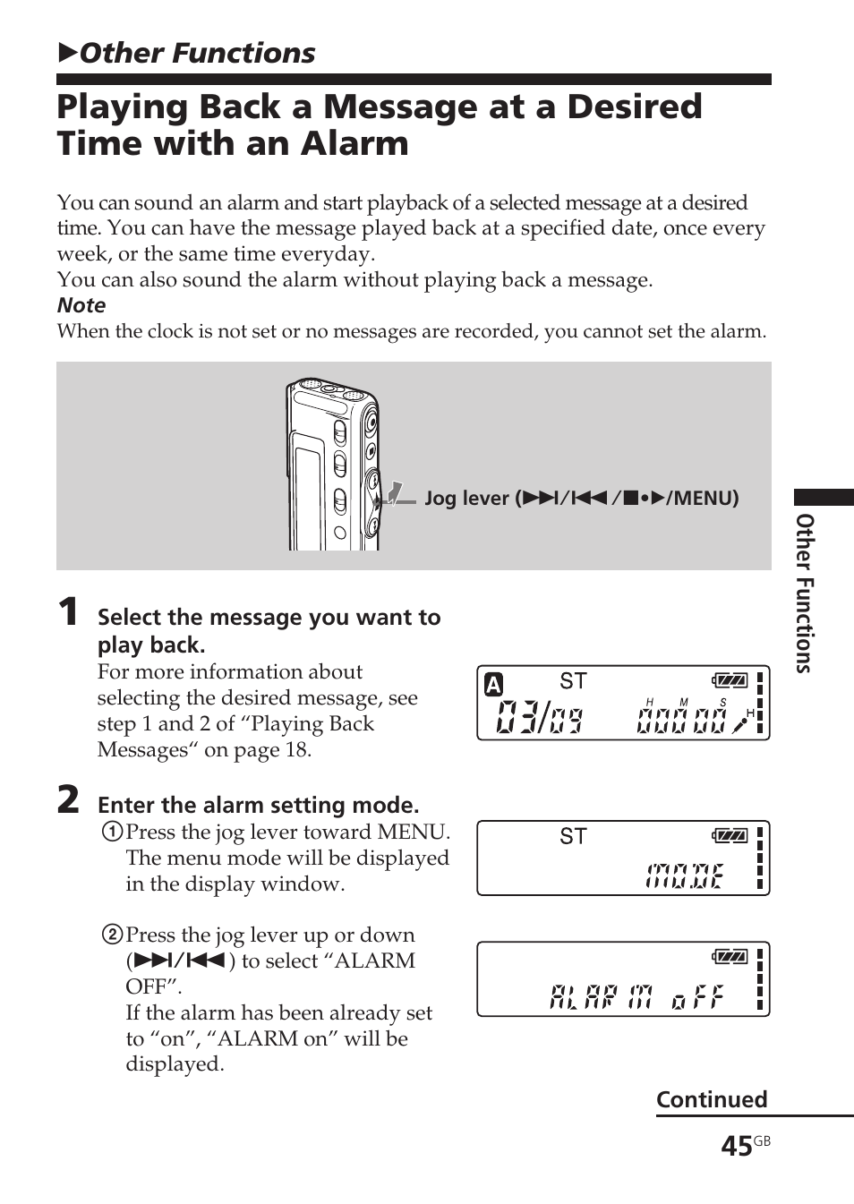 Other functions, Alarm, Bother functions | Sony ICD-SX20 User Manual | Page 45 / 68