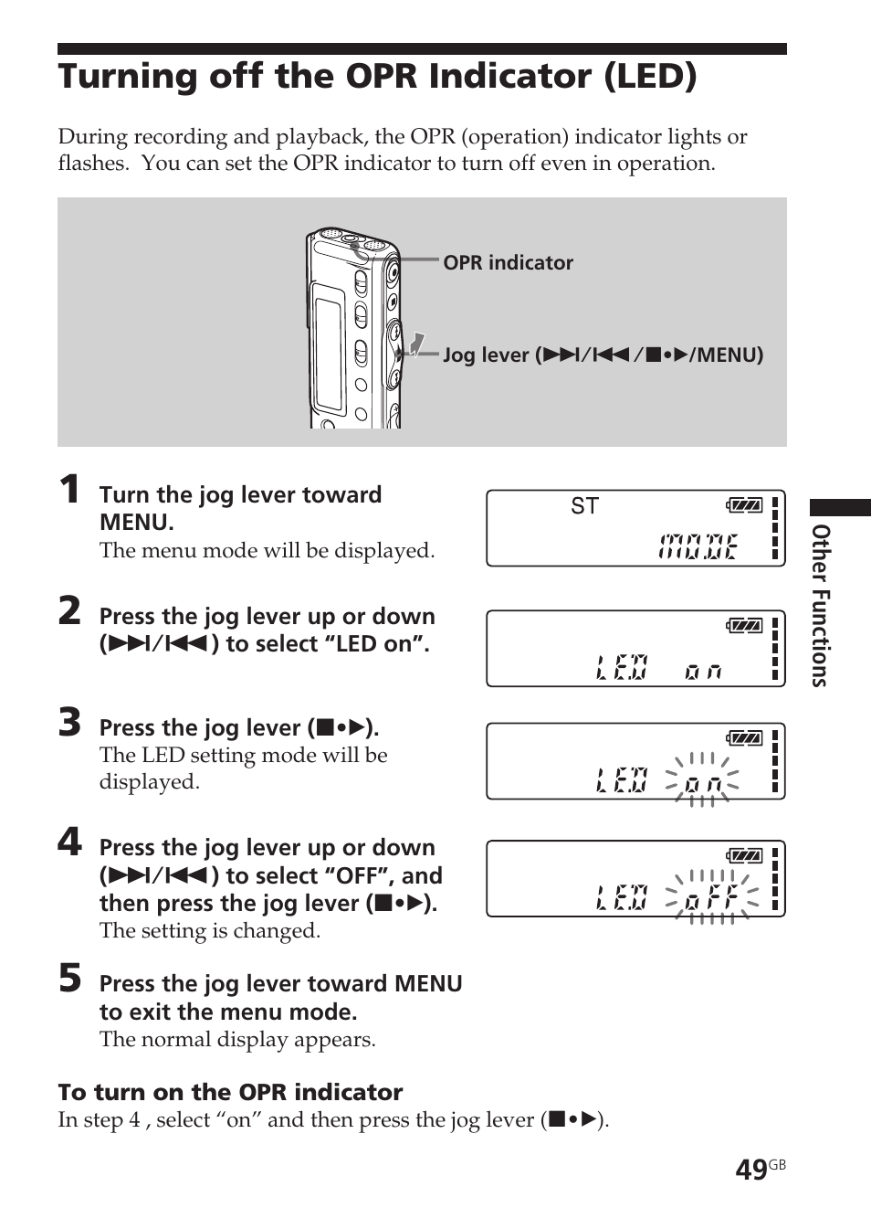 Turning off the ope indicator (led), Turning off the indicator, Turning off the opr indicator (led) | Sony ICD-SX20 User Manual | Page 49 / 68