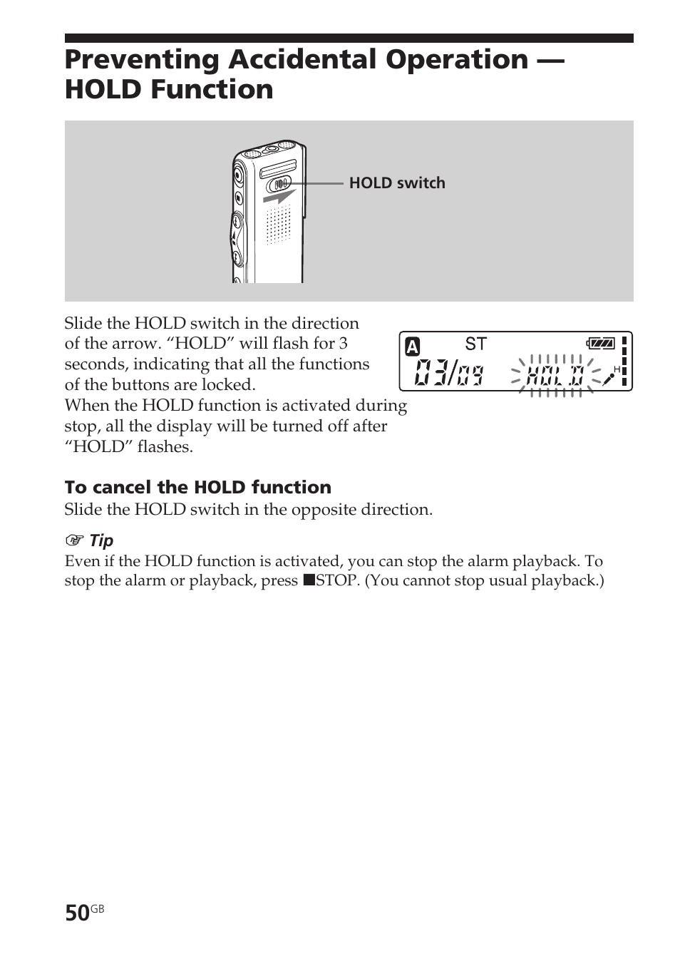 Preventing accidental operation — hold function, Accidental operation | Sony ICD-SX20 User Manual | Page 50 / 68