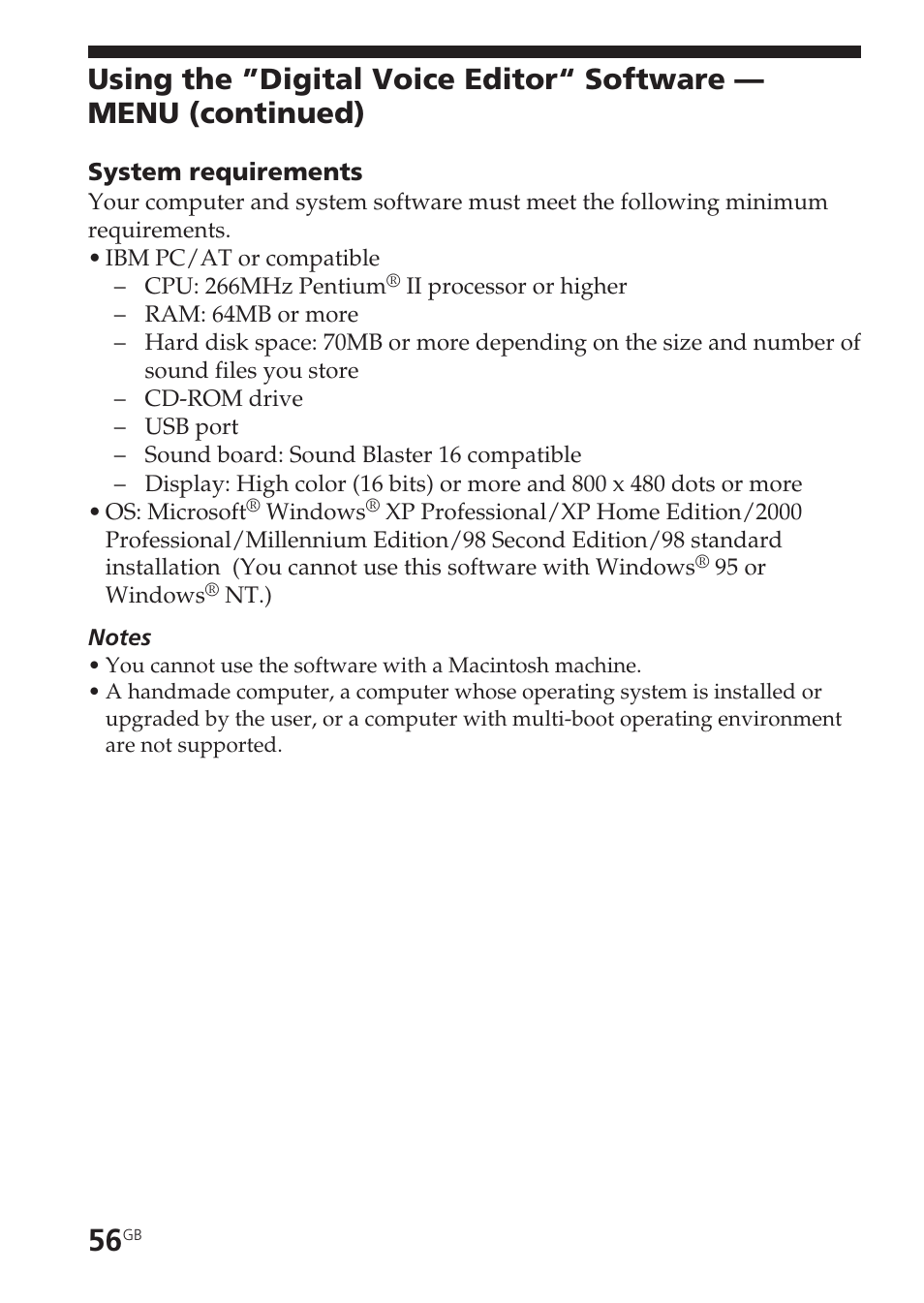 System requirements | Sony ICD-SX20 User Manual | Page 56 / 68