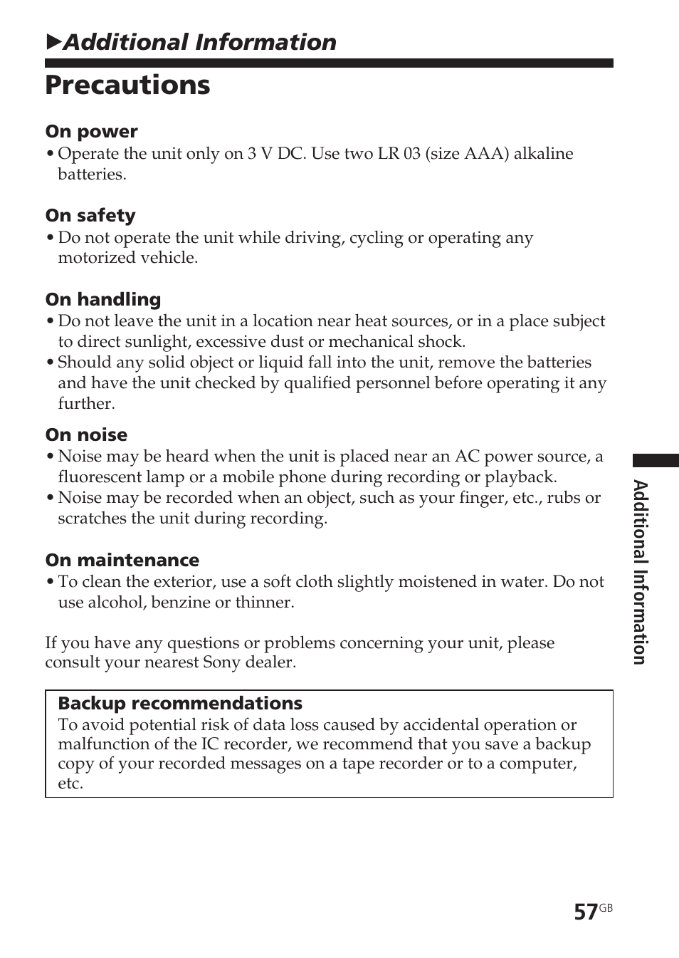 Additional information, Precautions, Badditional information | Sony ICD-SX20 User Manual | Page 57 / 68