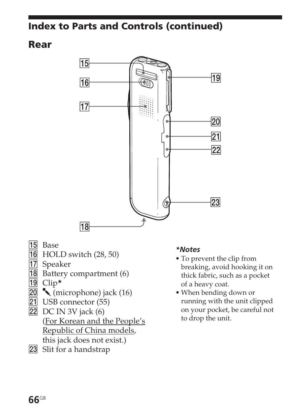 Rear, Index to parts and controls (continued) | Sony ICD-SX20 User Manual | Page 66 / 68