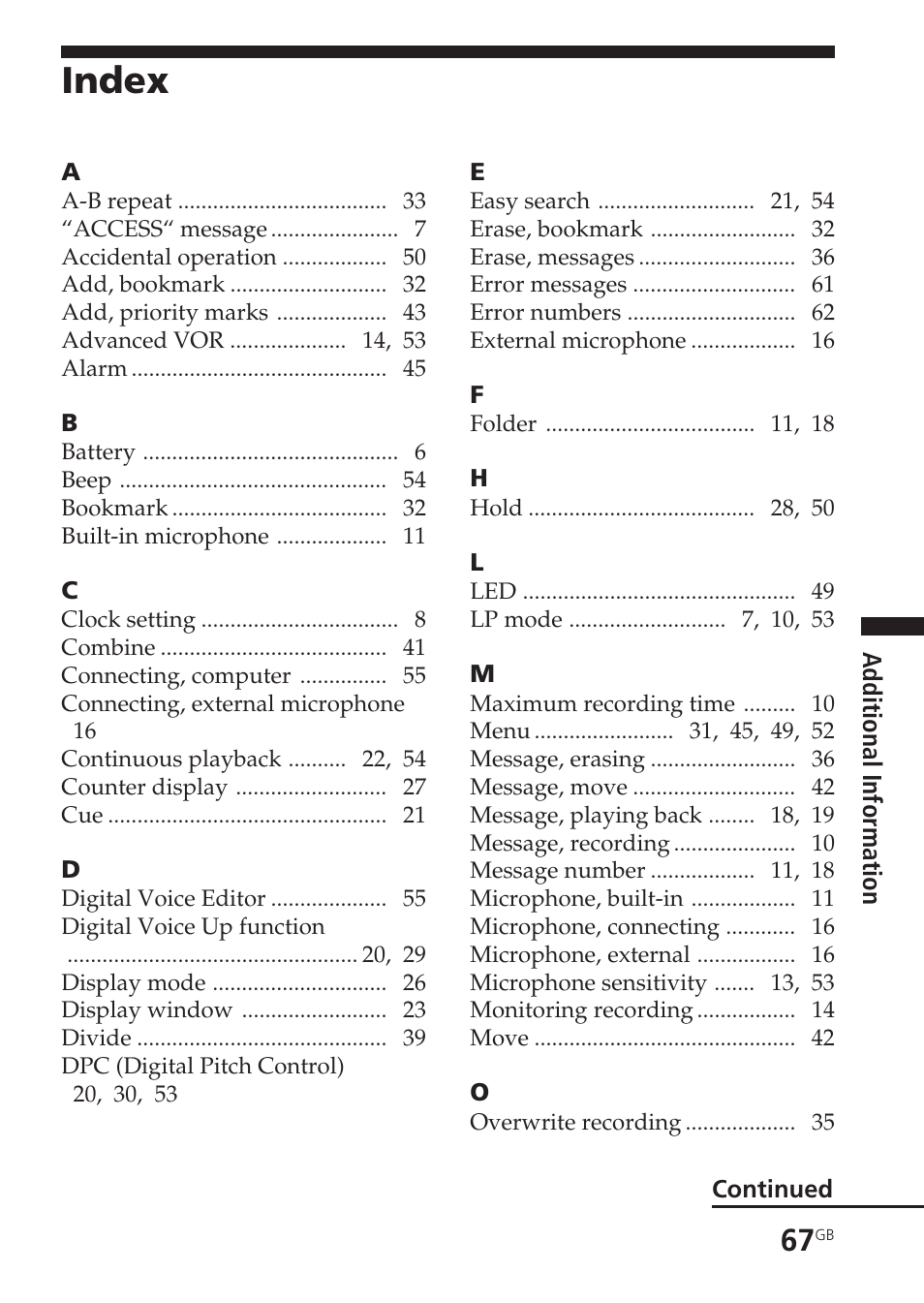 Index | Sony ICD-SX20 User Manual | Page 67 / 68