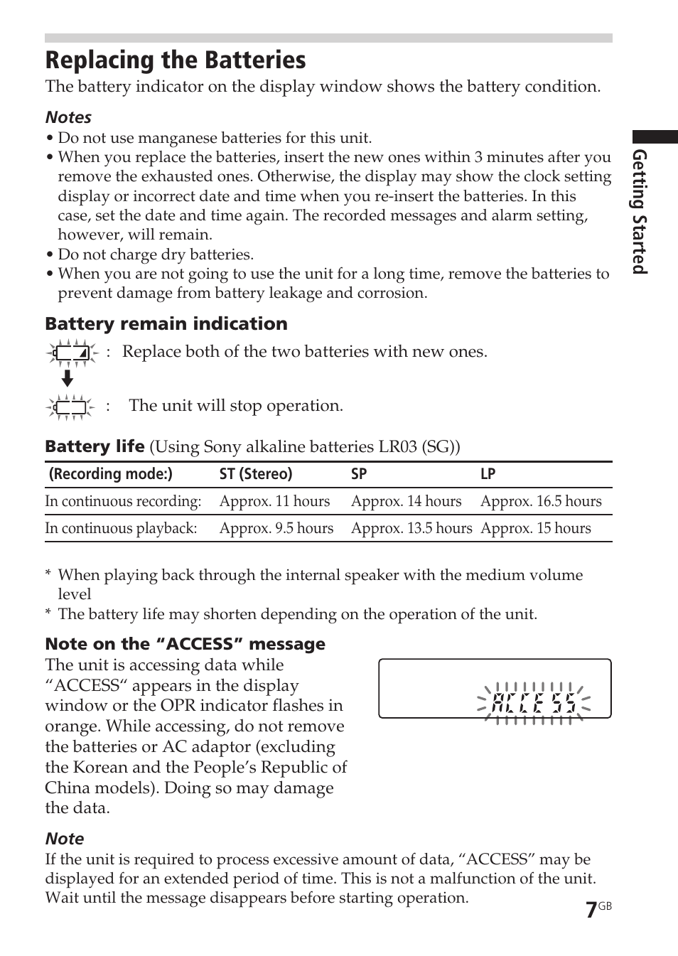 Replacing the batteries, Access“ message, Lp mode | Recording mode, Remaining battery, Sp mode | Sony ICD-SX20 User Manual | Page 7 / 68