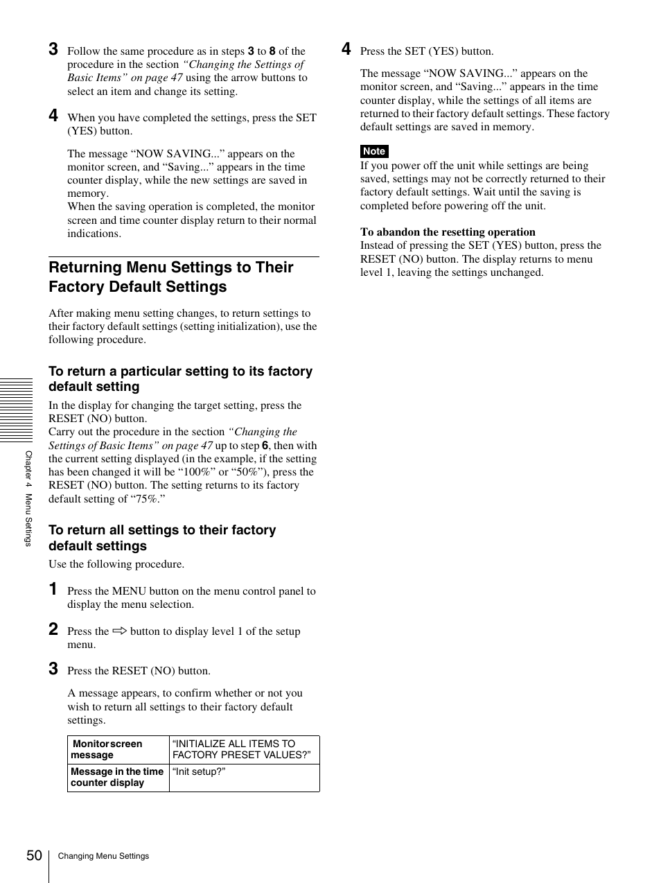 Returning menu settings to their factory default, Settings | Sony DSR-1600.GB User Manual | Page 50 / 84