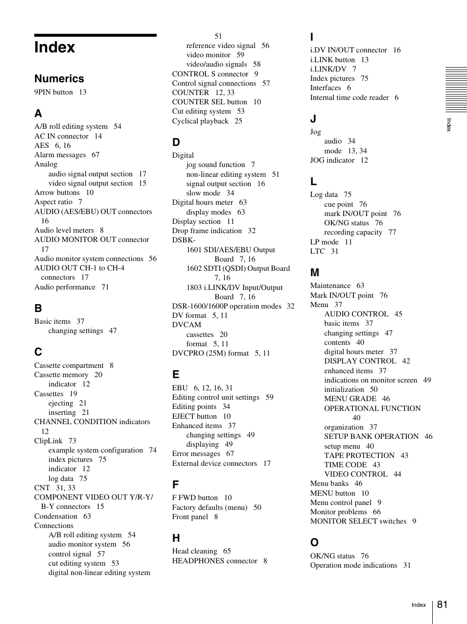 Index, Numerics | Sony DSR-1600.GB User Manual | Page 81 / 84