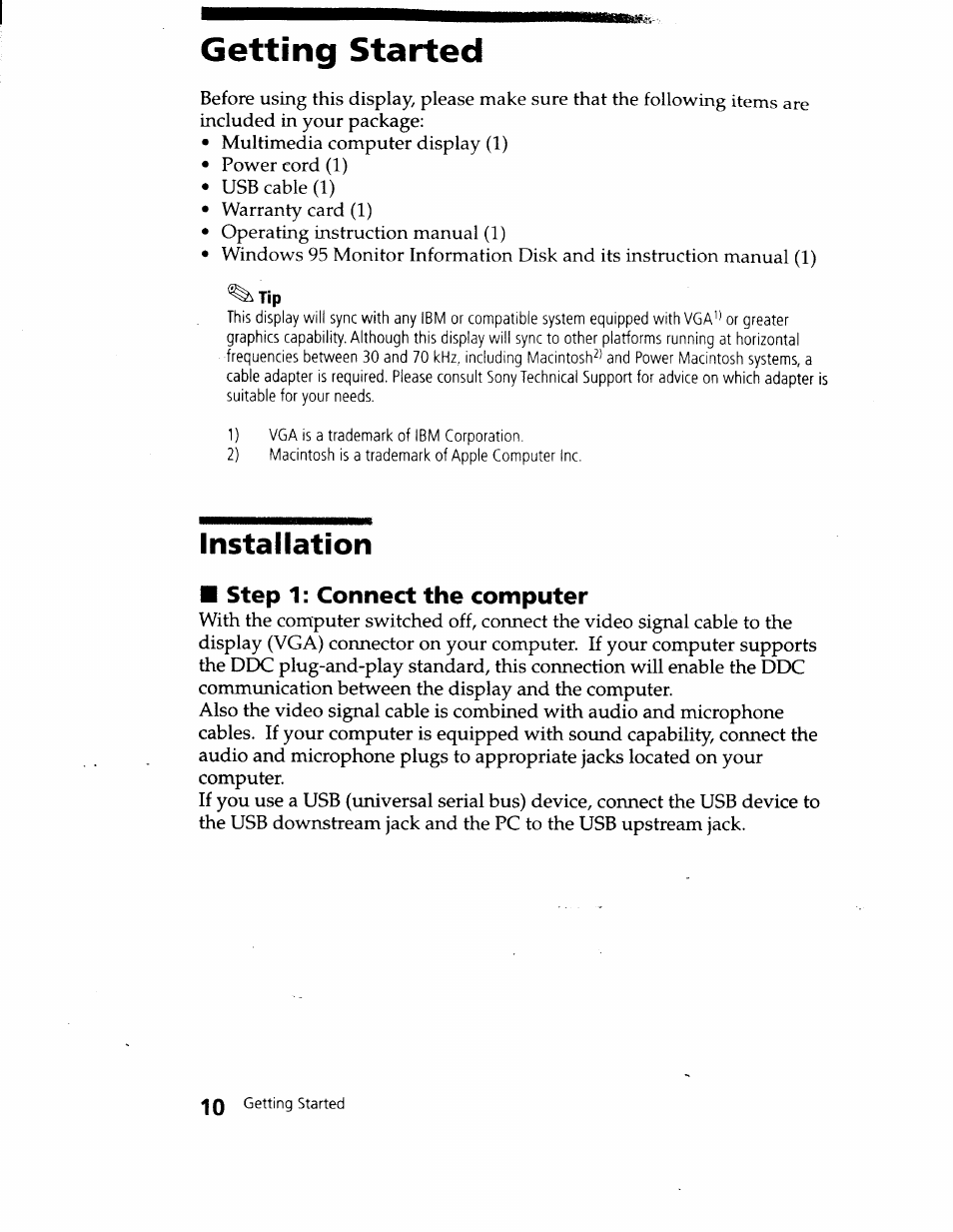 Getting started, Installation | Sony CPD-120VS User Manual | Page 10 / 32