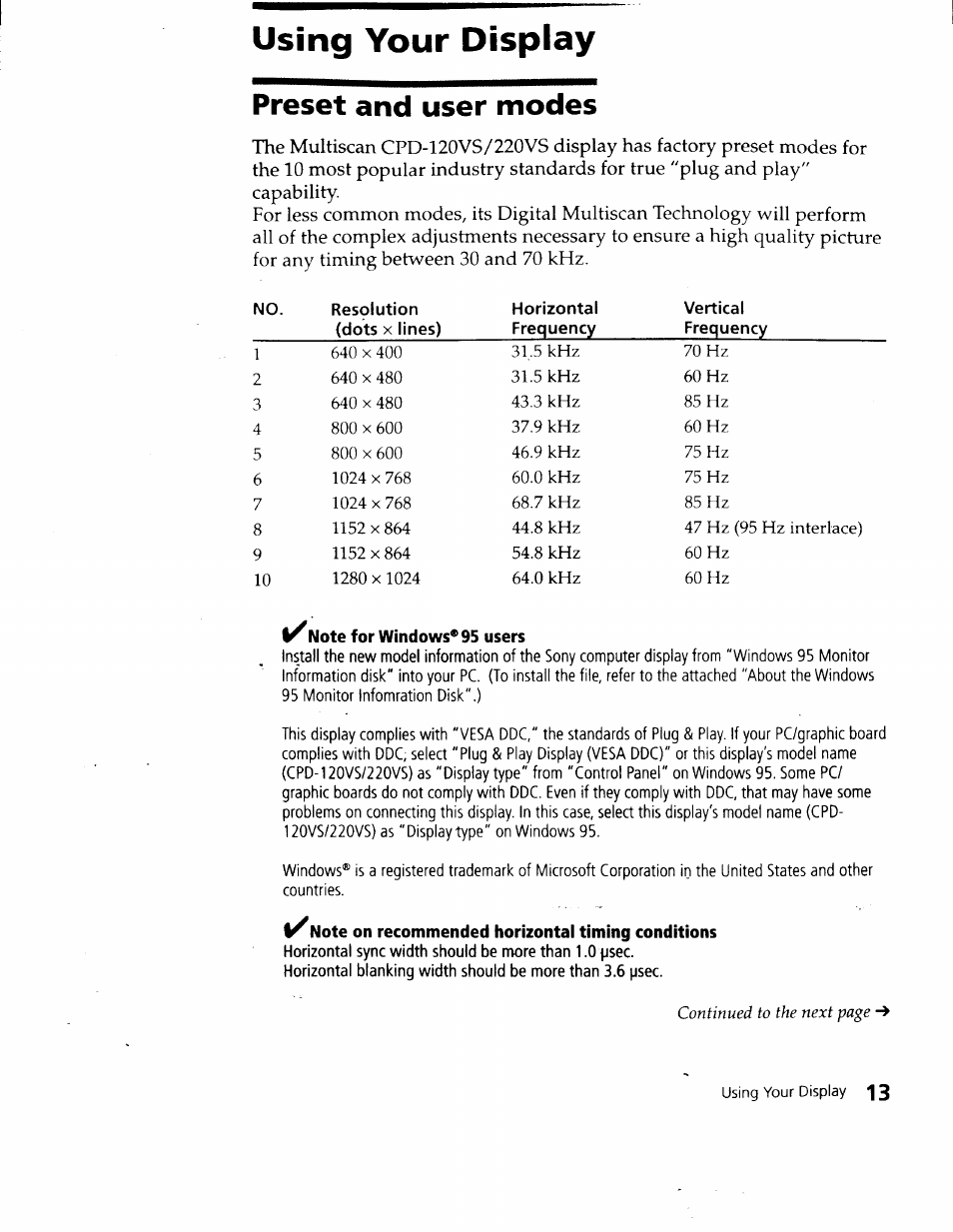 Using your display, Preset and user modes | Sony CPD-120VS User Manual | Page 13 / 32