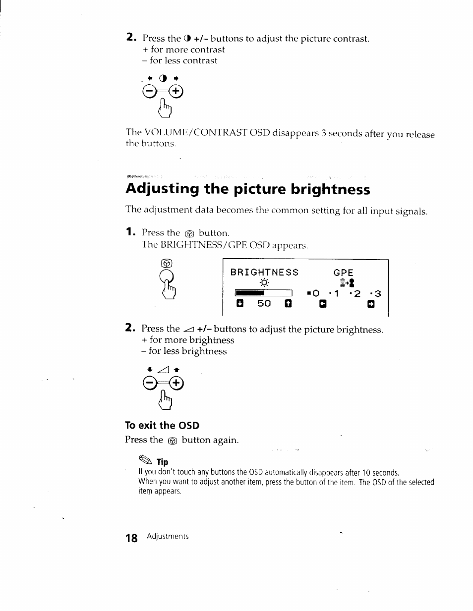 To exit the osd, Adjusting the picture brightness | Sony CPD-120VS User Manual | Page 18 / 32