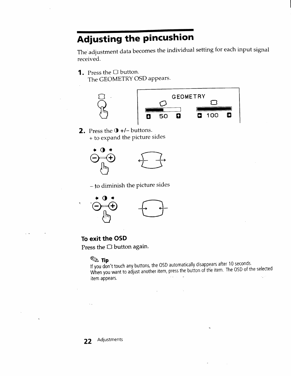 0 50 q, 0 100 c3, To exit the osd | Adjusting the pincushion | Sony CPD-120VS User Manual | Page 22 / 32