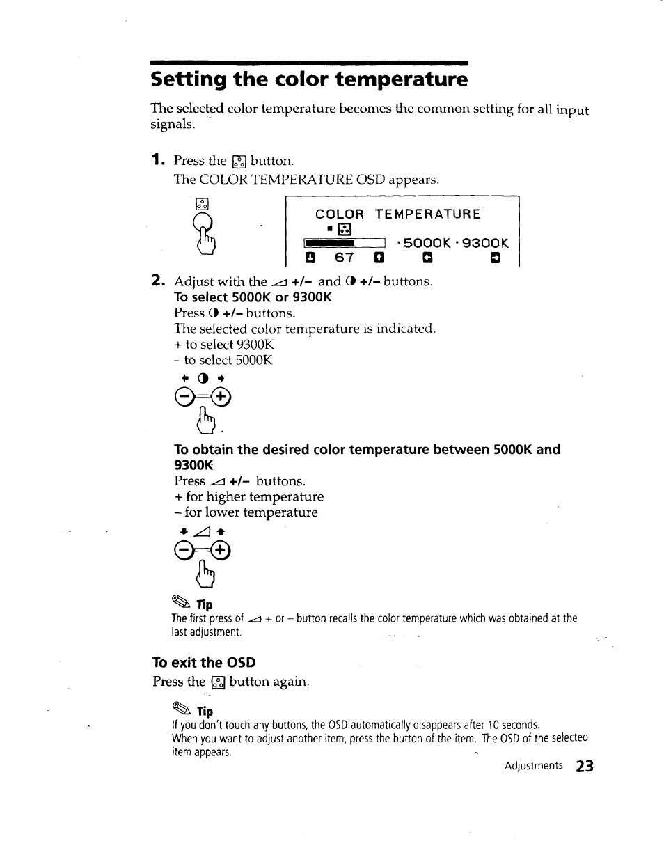 Color temperature, To select 5000k or 9300k, To exit the osd | Setting the color temperature | Sony CPD-120VS User Manual | Page 23 / 32