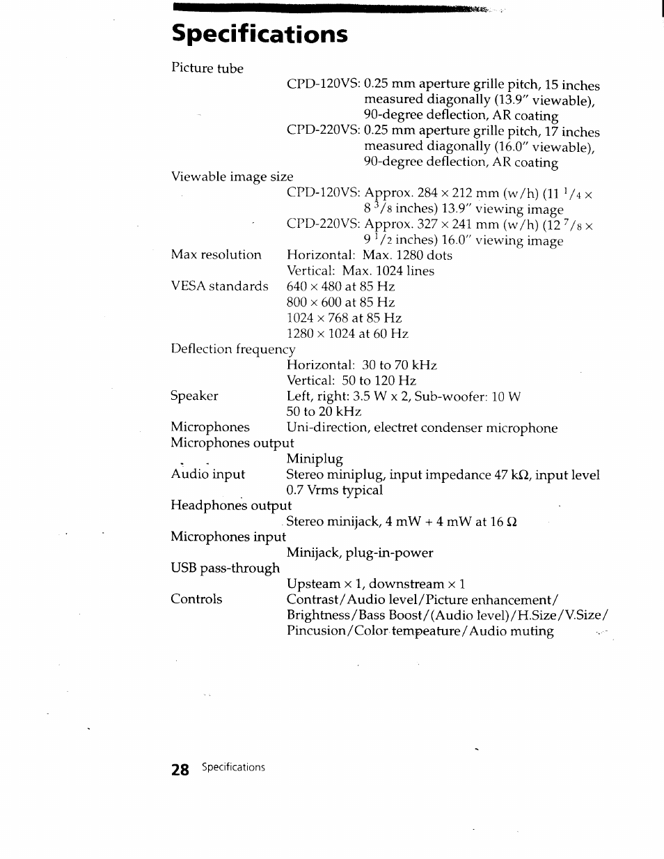Specifications | Sony CPD-120VS User Manual | Page 28 / 32