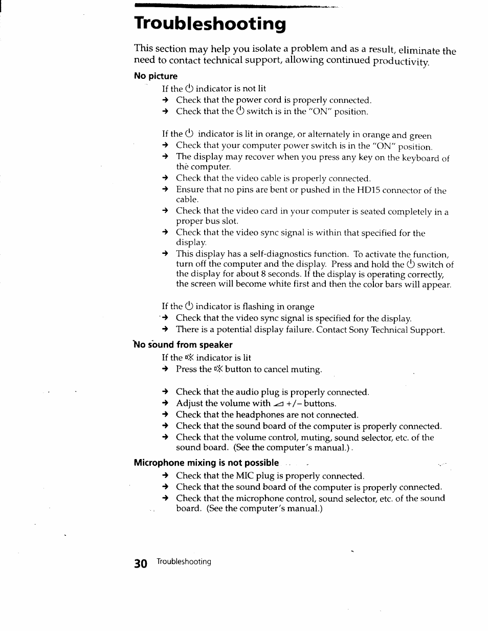 Troubleshooting, No picture, N0 sound from speaker | Microphone mixing is not possible | Sony CPD-120VS User Manual | Page 30 / 32