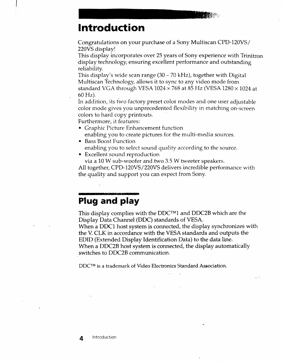 Introduction, Plug and play | Sony CPD-120VS User Manual | Page 4 / 32