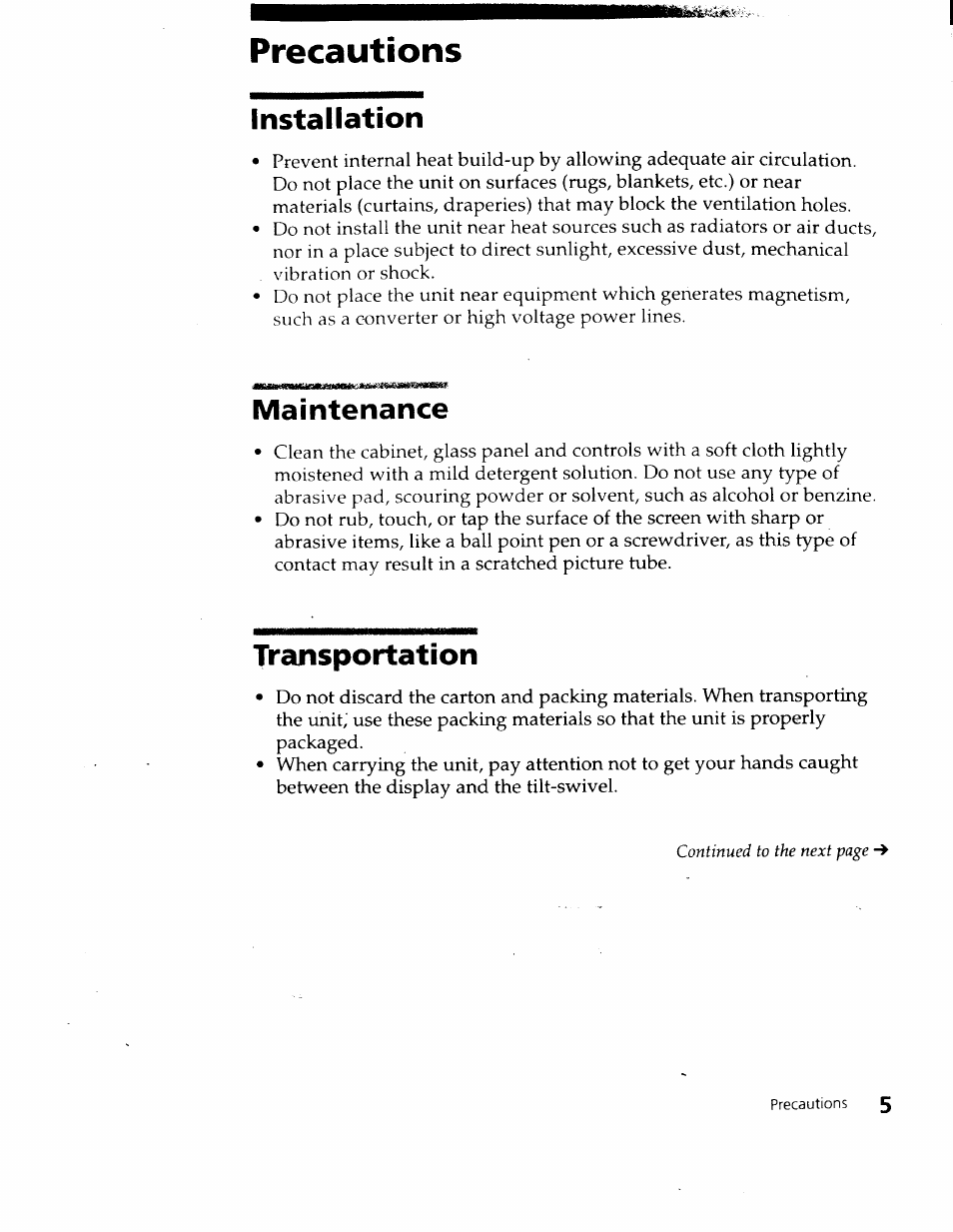 Precautions, Installation, Maintenance | Transportation | Sony CPD-120VS User Manual | Page 5 / 32