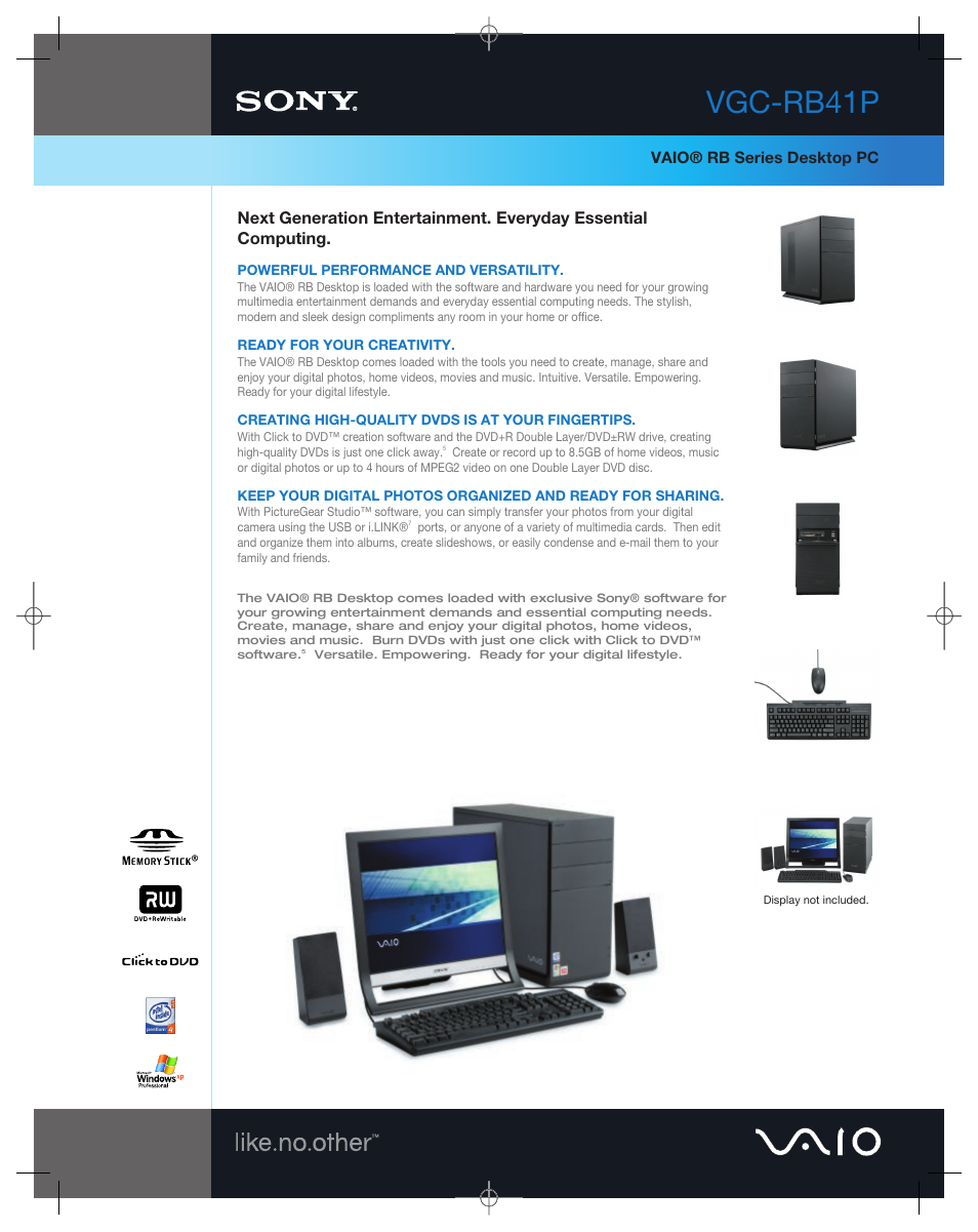 Sony VGC-RB41P User Manual | 2 pages