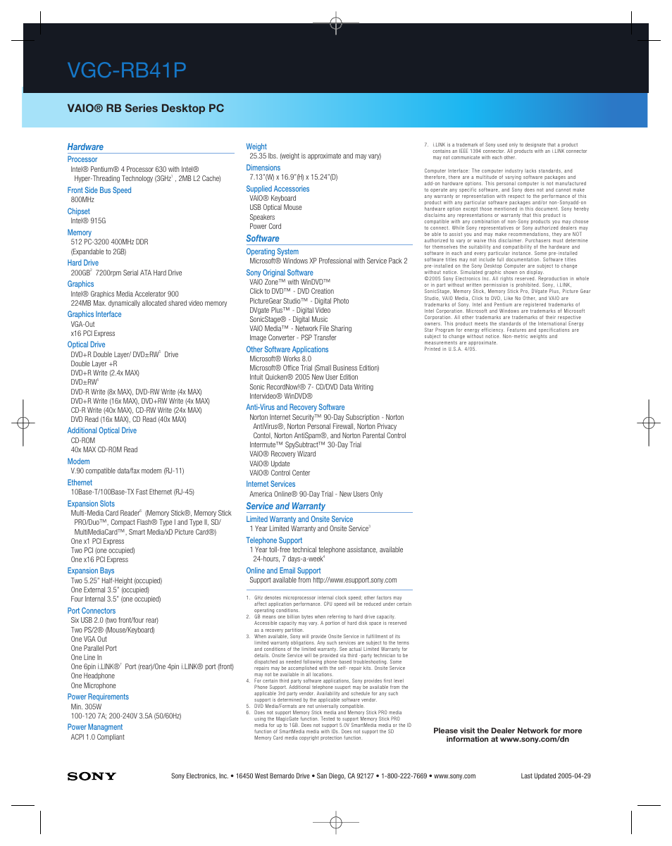Vgc-rb41p, Vaio® rb series desktop pc | Sony VGC-RB41P User Manual | Page 2 / 2