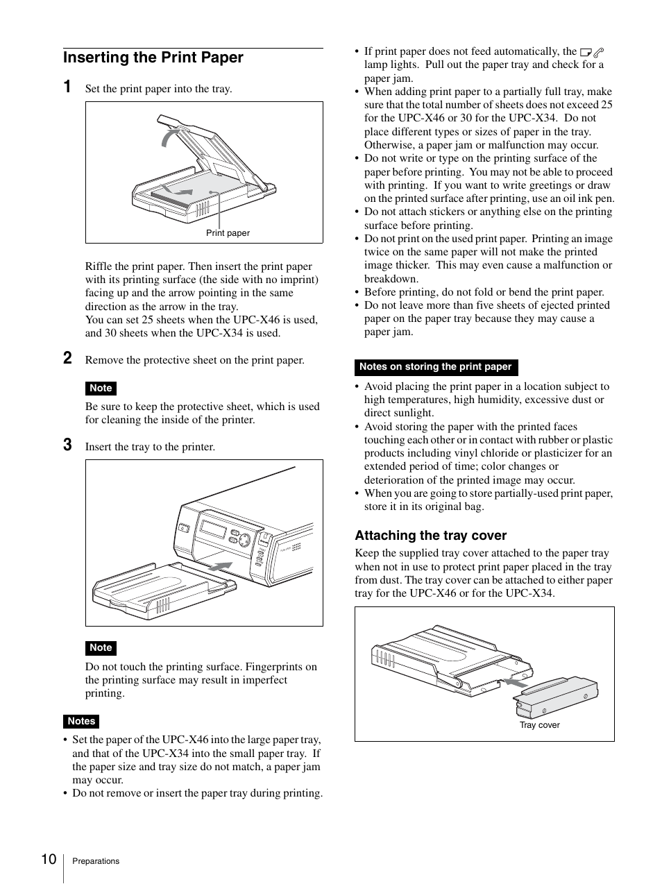 Inserting the print paper, Attaching the tray cover | Sony UPD-X100 User Manual | Page 10 / 24