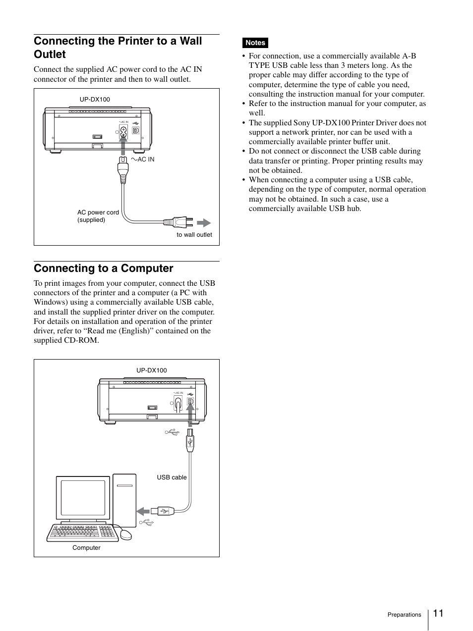 Connecting the printer to a wall outlet, Connecting to a computer | Sony UPD-X100 User Manual | Page 11 / 24