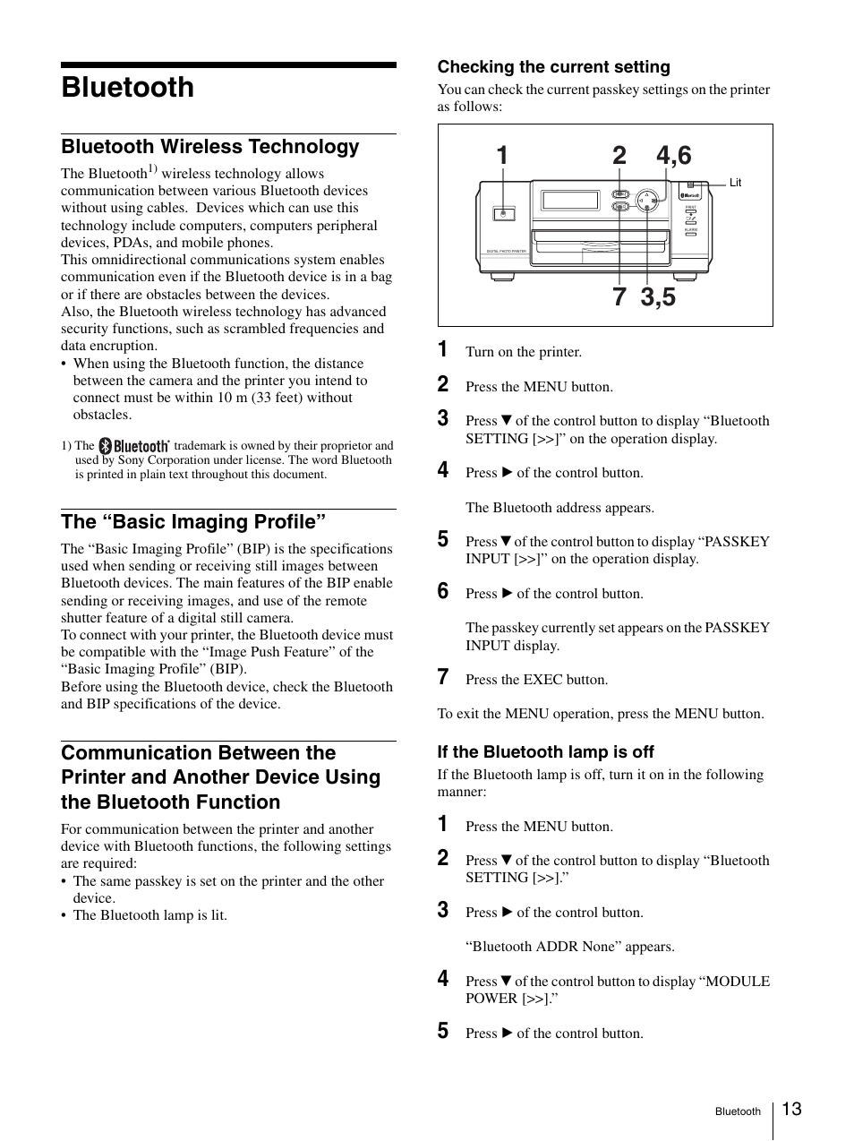 Bluetooth, Bluetooth wireless technology, The “basic imaging profile | Device using the bluetooth function | Sony UPD-X100 User Manual | Page 13 / 24