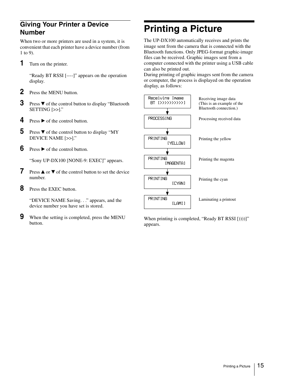 Giving your printer a device number, Printing a picture | Sony UPD-X100 User Manual | Page 15 / 24