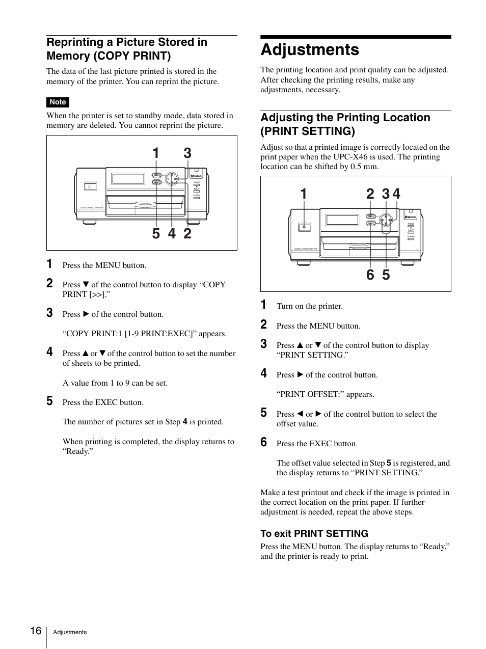 Reprinting a picture stored in memory (copy print), Adjustments, Adjusting the printing location (print setting) | Reprinting a picture stored in memory, Copy print), Adjusting the printing location, Print setting) | Sony UPD-X100 User Manual | Page 16 / 24