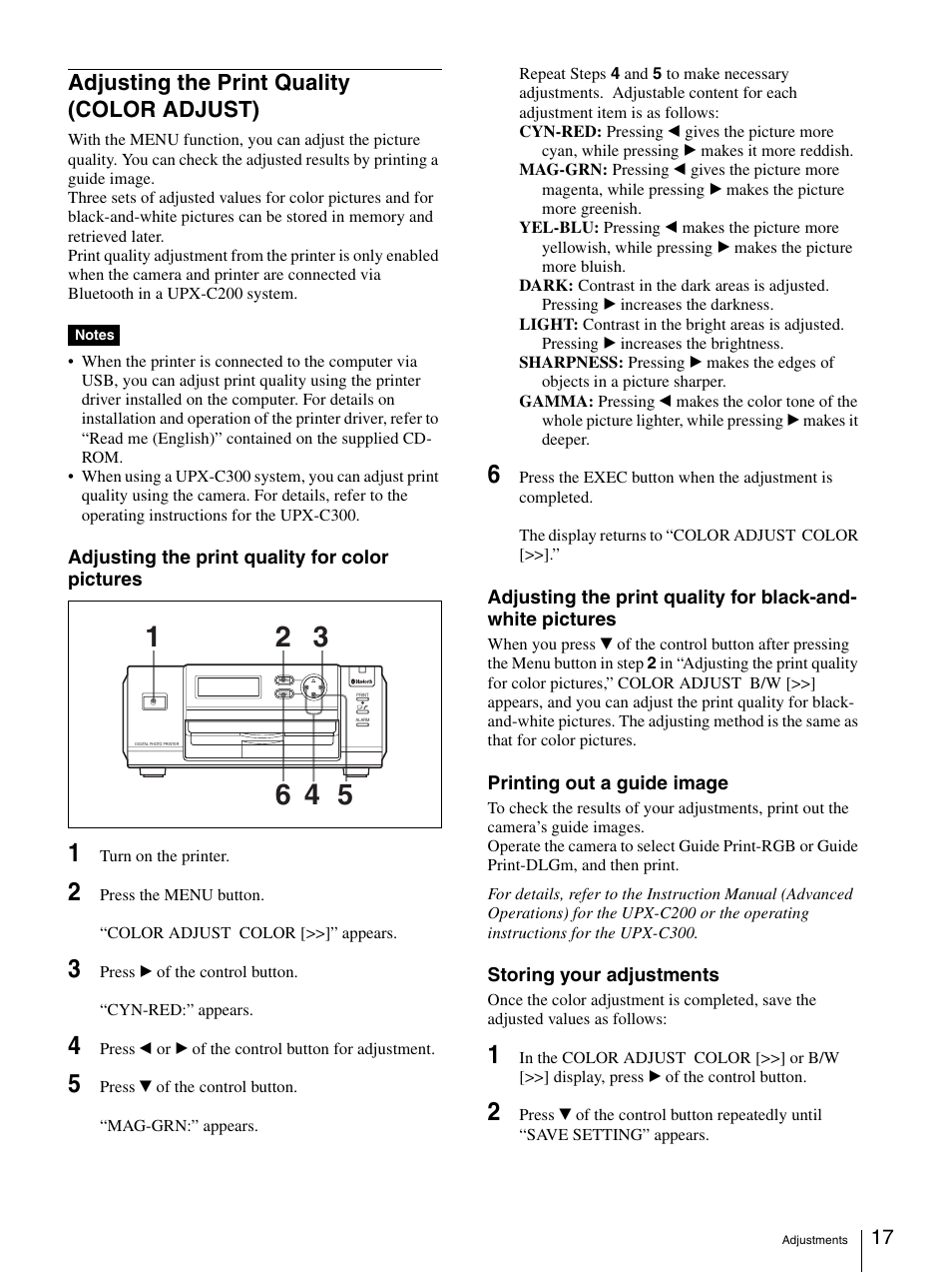 Adjusting the print quality (color adjust), Adjusting the print quality, Color adjust) | Sony UPD-X100 User Manual | Page 17 / 24