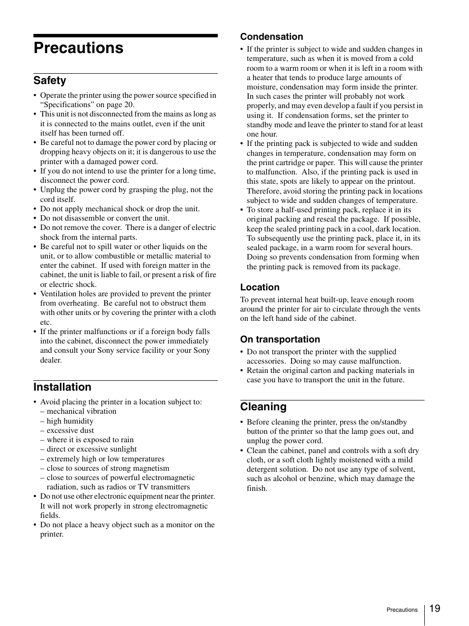 Precautions, Safety, Installation | Cleaning, Safety installation cleaning | Sony UPD-X100 User Manual | Page 19 / 24