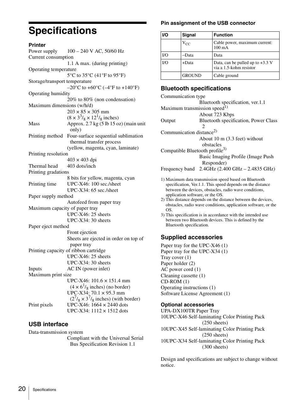 Specifications, Usb interface, Bluetooth specifications | Supplied accessories | Sony UPD-X100 User Manual | Page 20 / 24