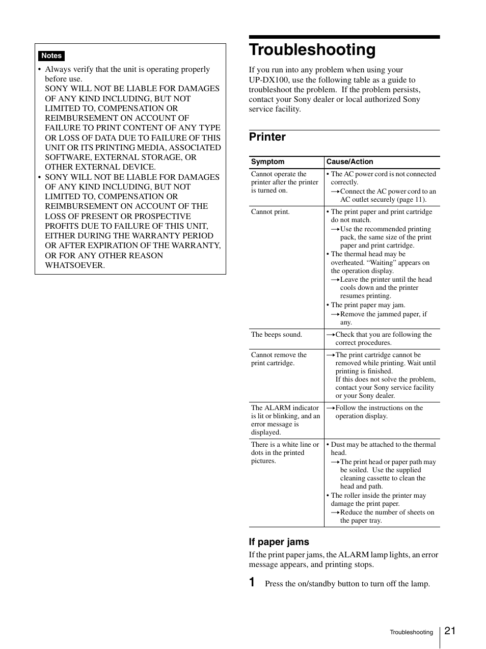 Troubleshooting, Printer, If paper jams | Sony UPD-X100 User Manual | Page 21 / 24