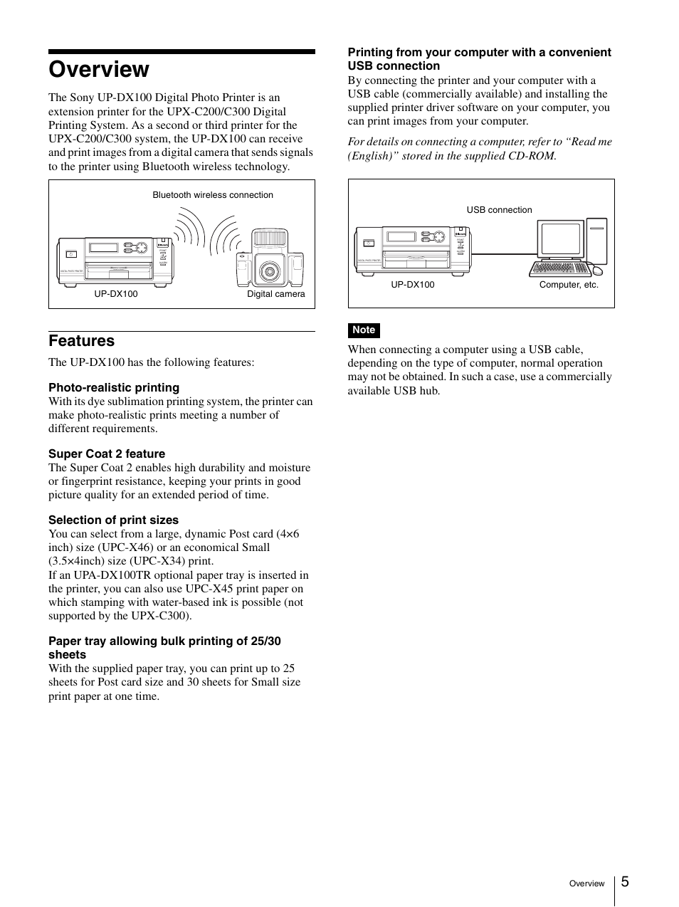 Overview, Features | Sony UPD-X100 User Manual | Page 5 / 24