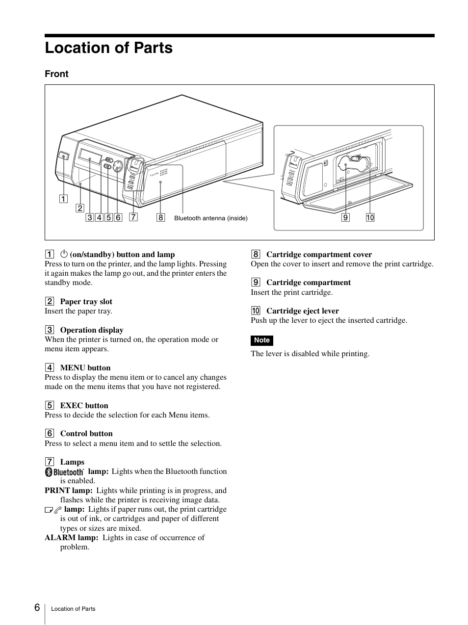 Location of parts, Front | Sony UPD-X100 User Manual | Page 6 / 24