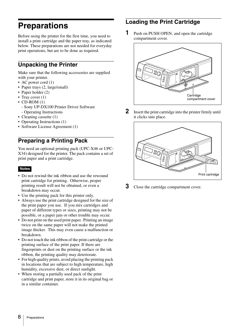 Preparations, Unpacking the printer, Preparing a printing pack | Loading the print cartridge | Sony UPD-X100 User Manual | Page 8 / 24