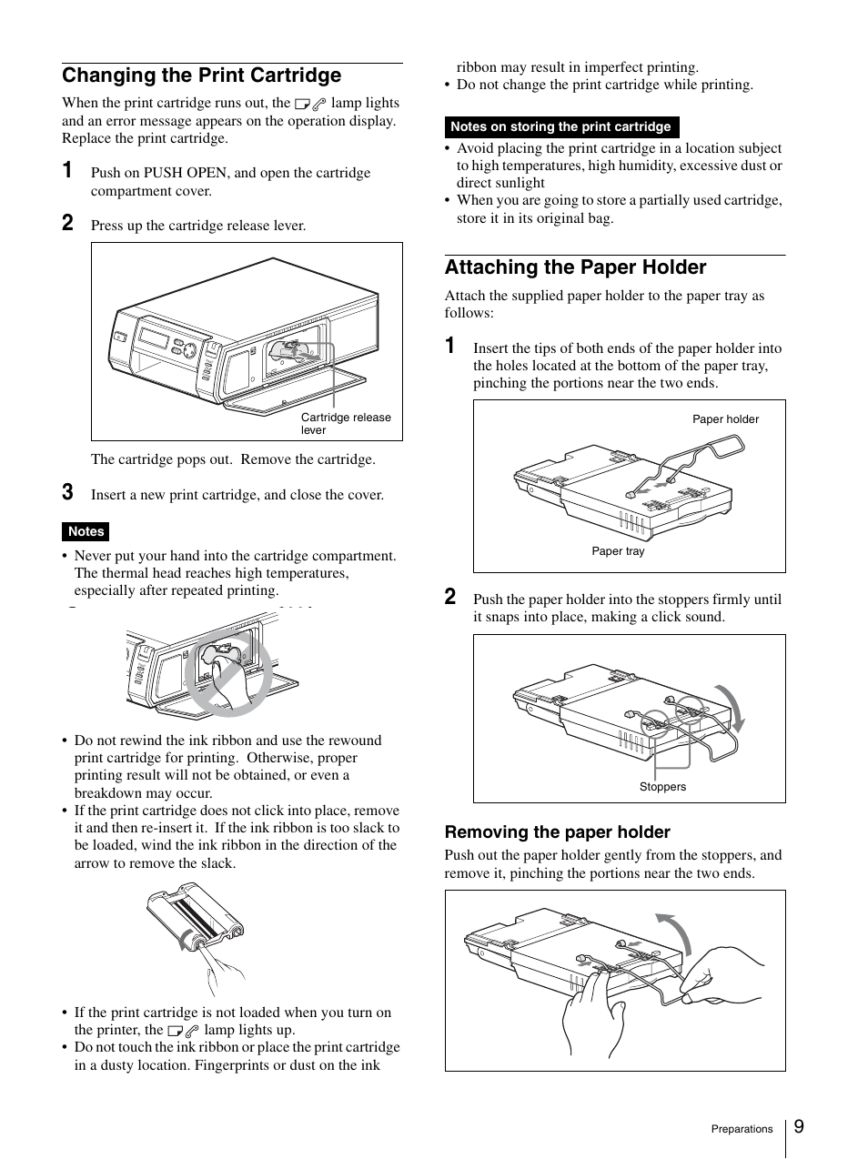 Changing the print cartridge, Attaching the paper holder, Removing the paper holder | Sony UPD-X100 User Manual | Page 9 / 24