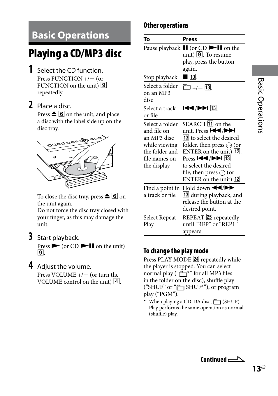 Basic operations, Playing a cd/mp3 disc, Basic oper ations | Other operations | Sony CMT-HX80 User Manual | Page 13 / 36