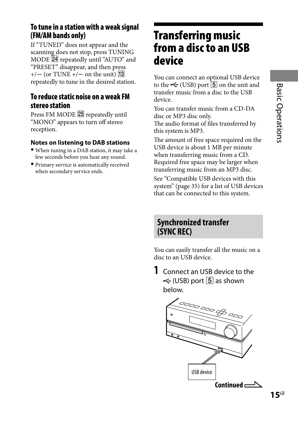 Transferring music from a disc to an usb device, Transferring music from a disc to an, Usb device | Synchronized transfer (sync rec) | Sony CMT-HX80 User Manual | Page 15 / 36