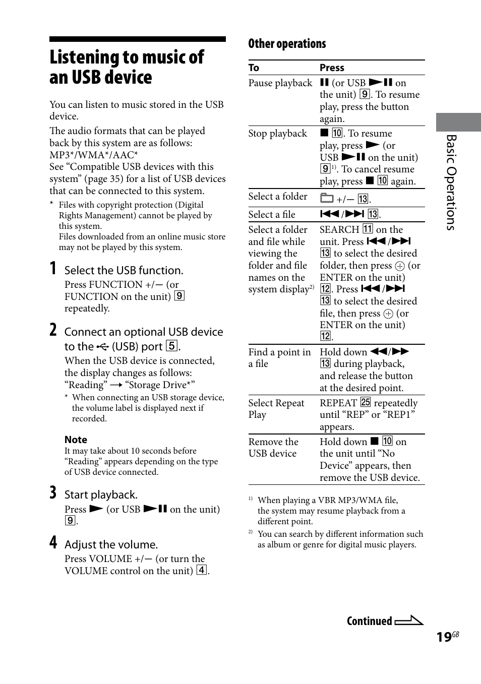 Listening to music of an usb device, Listening to music of an usb, Device | Basic oper ations, Other operations | Sony CMT-HX80 User Manual | Page 19 / 36