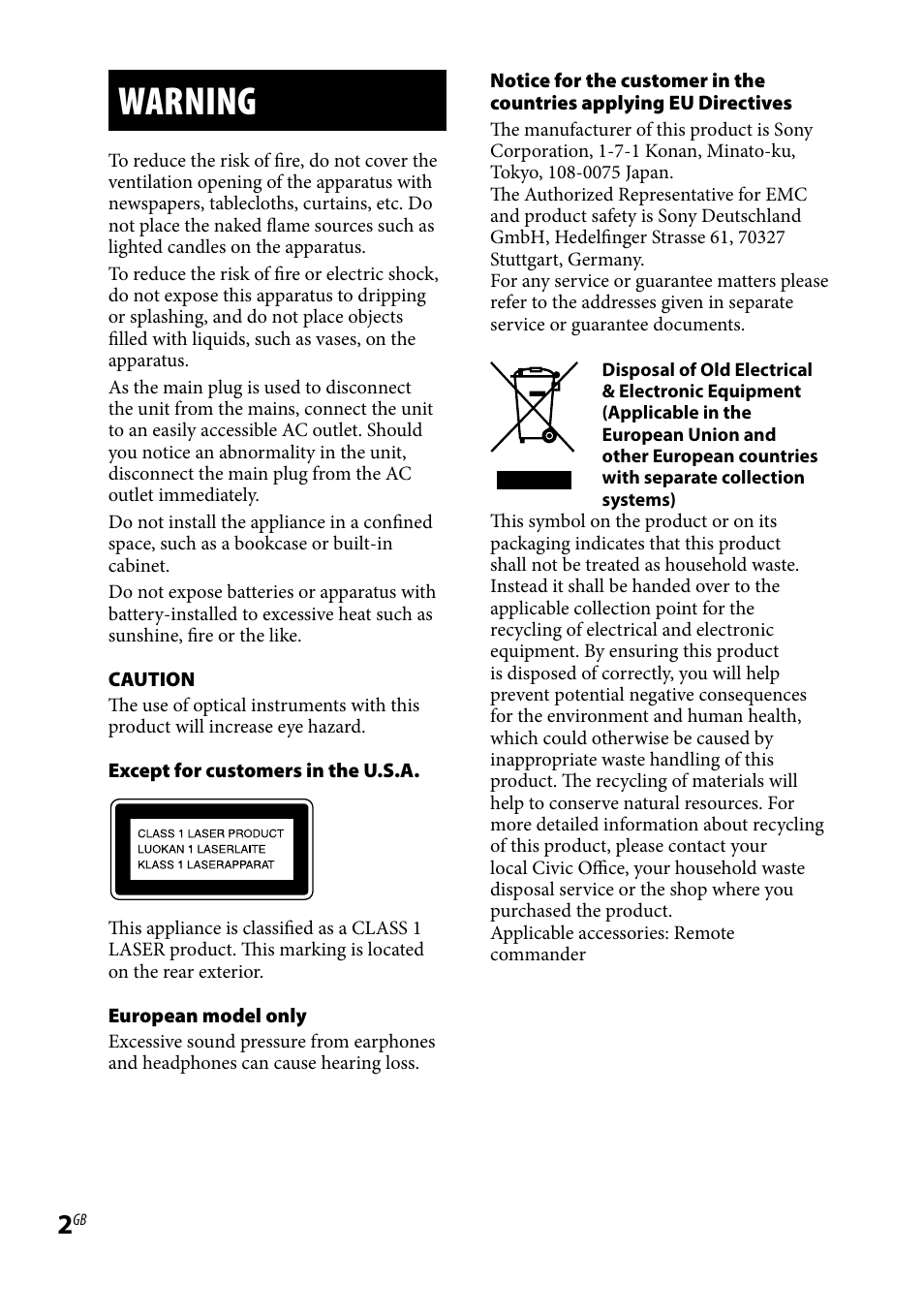 Warning | Sony CMT-HX80 User Manual | Page 2 / 36