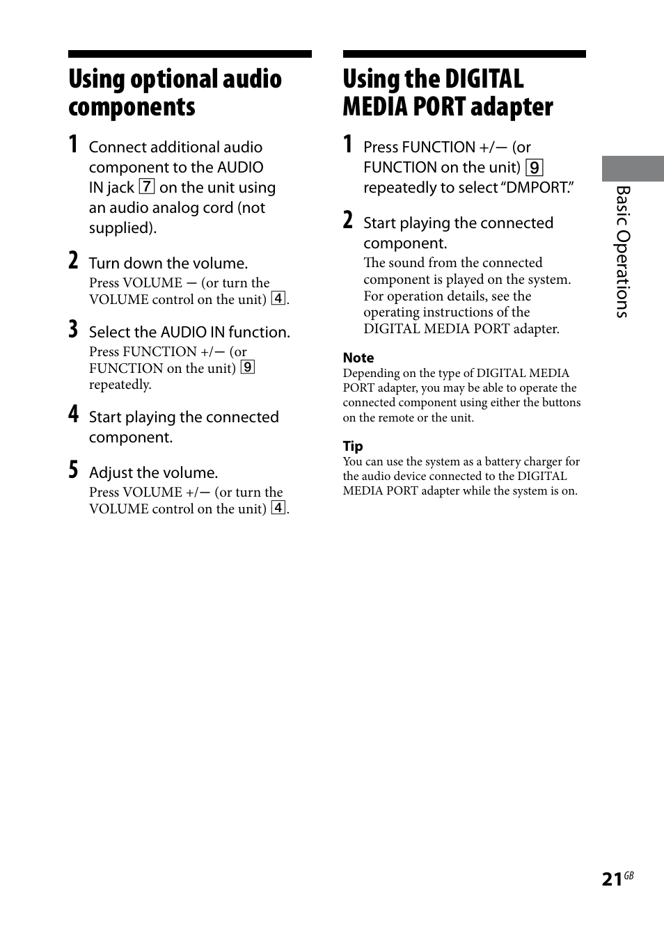 Using optional audio components, Using the digital media port adapter, Using optional audio | Components using the digital media port, Adapter | Sony CMT-HX80 User Manual | Page 21 / 36