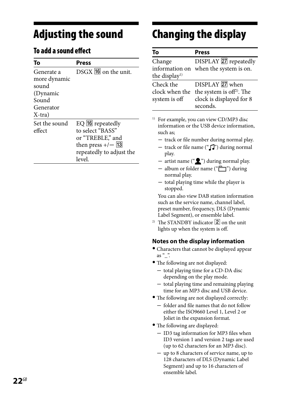 Adjusting the sound, Changing the display, Adjusting the sound changing the display | Sony CMT-HX80 User Manual | Page 22 / 36