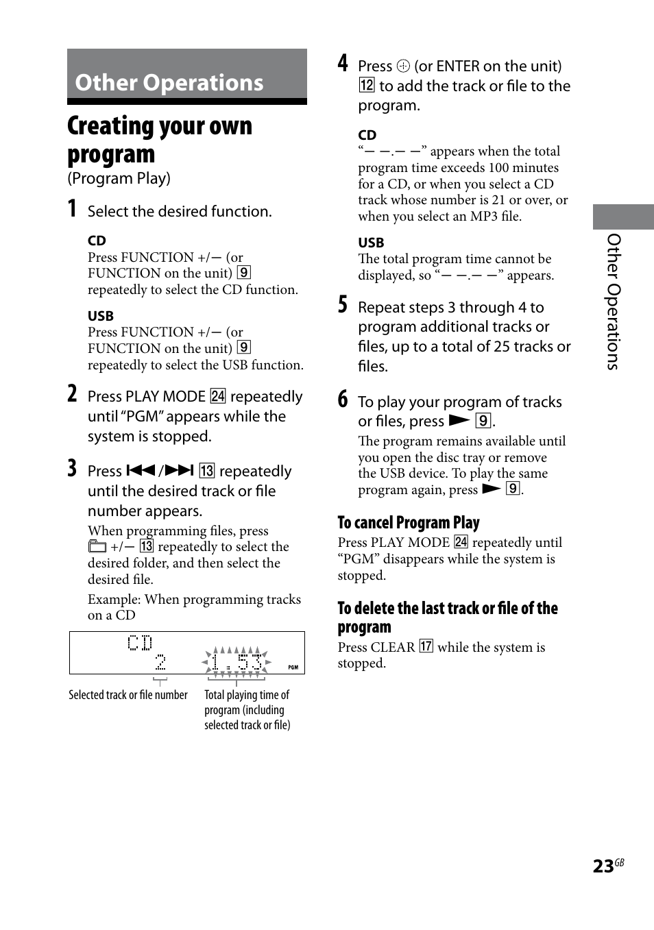 Other operations, Creating your own program, Program play) | Creating your own program (program play), Other oper ations | Sony CMT-HX80 User Manual | Page 23 / 36