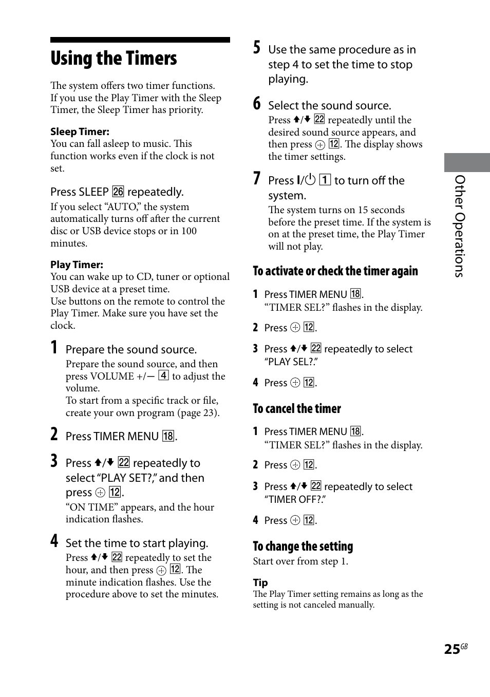 Using the timers, Other oper ations | Sony CMT-HX80 User Manual | Page 25 / 36